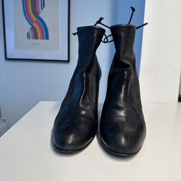 Stuart Weitzman Black Leather Ankle Booties with Lucite & Gold Block Heel Size 9 - Picture 7 of 14